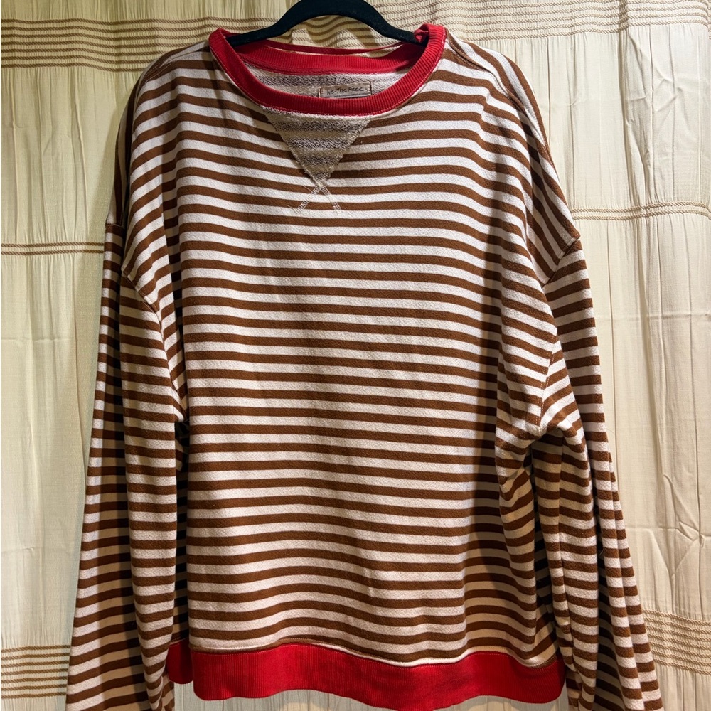 We The Free Striped Cream and Brown Sweatshirt with Red Trim - Picture 2 of 4